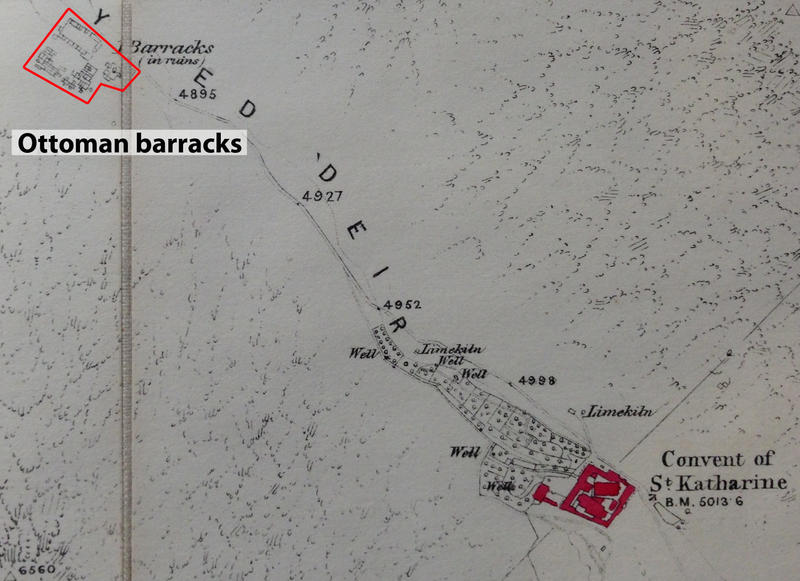 Figure 6 1869 Ordnance Survey map of St Catherine area showing Ottoman barracks ‘in ruins’; original map in Bodleian Libraries, Oxford Figure 6 1869 Ordnance Survey map of St Catherine area showing Ottoman barracks ‘in ruins’; original map in Bodleian Libraries, Oxford