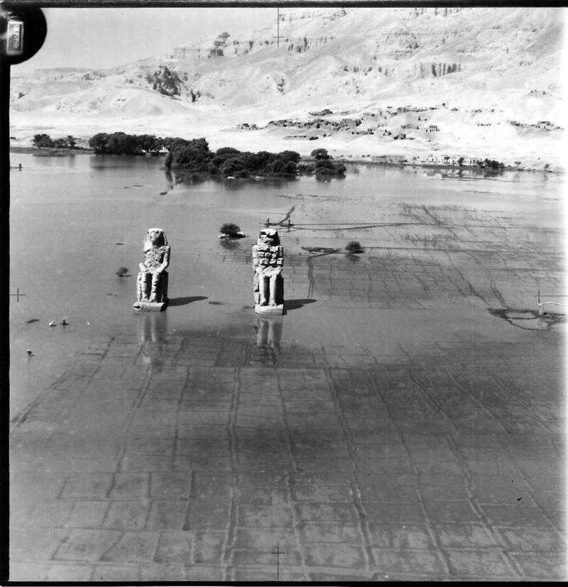 An aerial view of the Colossi of Memnon (Egypt) taken by a member of 55 Squadron RAF in the 1930s
