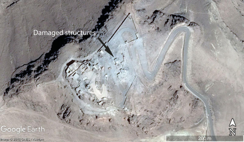 Figure 2. A satellite image of the summit of Jabal an Nabi Shu’ayb captured on the 3 March 2016. Multiple structures in the walled compound have been damaged, but the probable religious structure has not been directly affected (CNES/Astrium via Google Ea Figure 2. A satellite image of the summit of Jabal an Nabi Shu’ayb captured on the 3 March 2016. Multiple structures in the walled compound have been damaged, but the probable religious structure has not been directly affected (CNES/Astrium via Google Ea