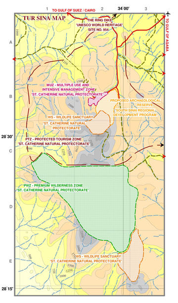 Figure 3 The management zones of Saint Katherine Natural Protectorate (EU Commission in 1996-2002); the UNESCO World Heritage Site (WHS) of the Saint Catherine Area (2002); the proposed archaeological reserve around Saint Catherine Monastery and Mount Sin figureFigure 3 The management zones of Saint Katherine Natural Protectorate (EU Commission in 1996-2002); the UNESCO World Heritage Site (WHS) of the Saint Catherine Area (2002); the proposed archaeological reserve around Saint Catherine Monastery and Mou